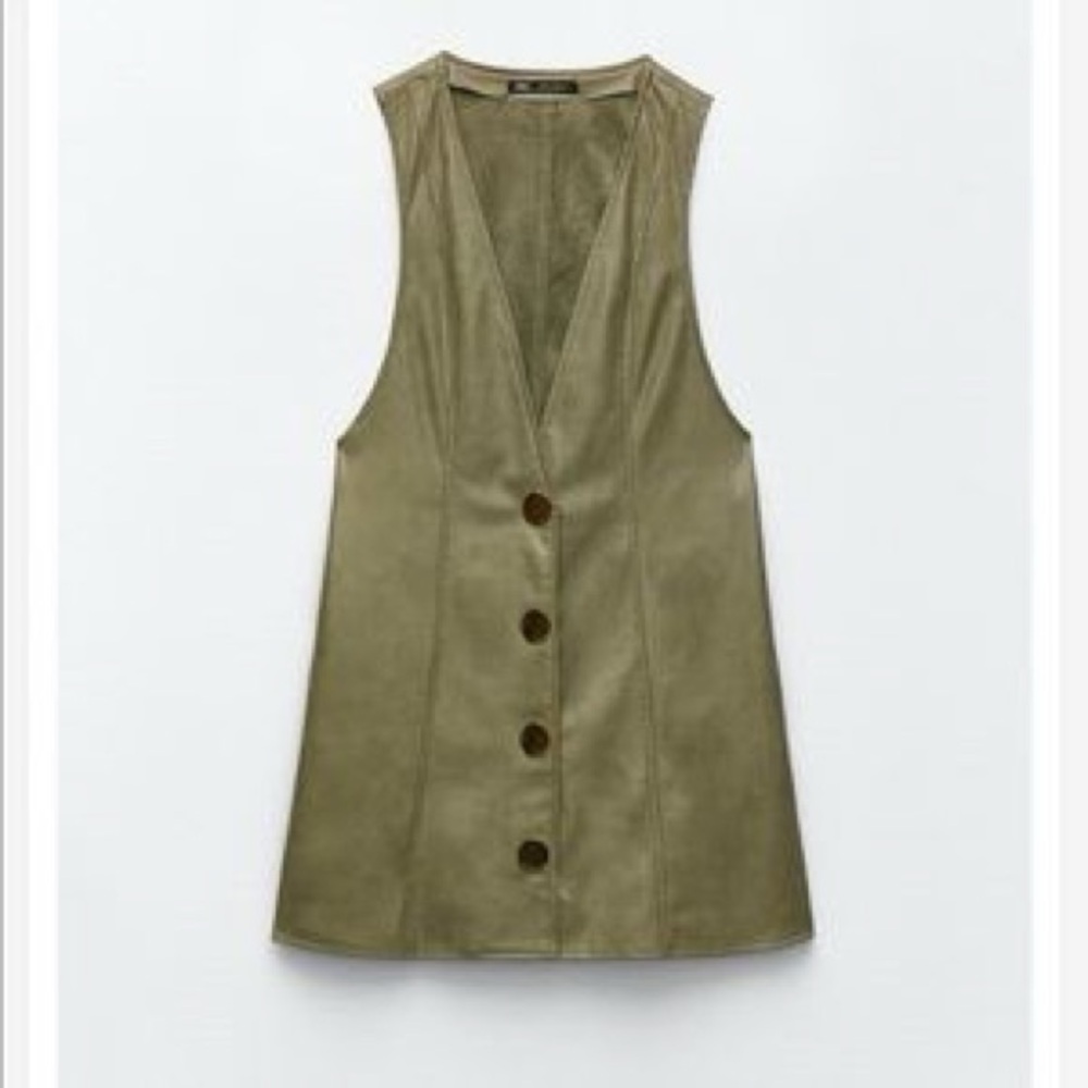 Zara Faux Leather Suede Olive Army Green Sleeveless Mini Dress with Gold Buttons - Picture 3 of 10